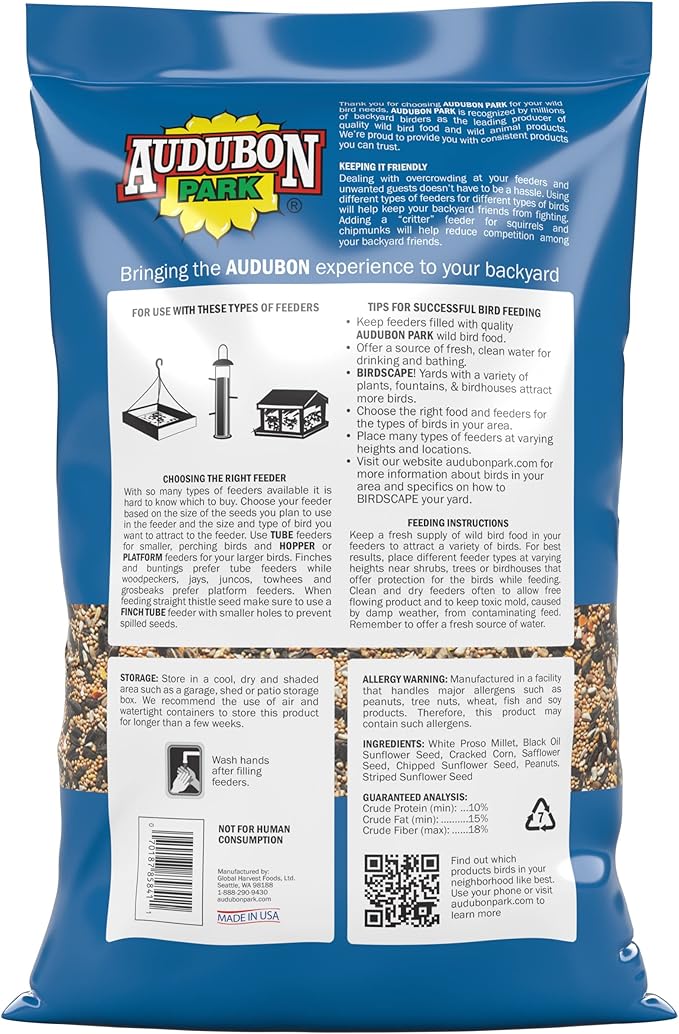 Audubon Park Songbird Blend Wild Bird Food, Bird Food for Outside Feeders, 14-Pound Bag | Year-round outdoor bird food for outside feeders