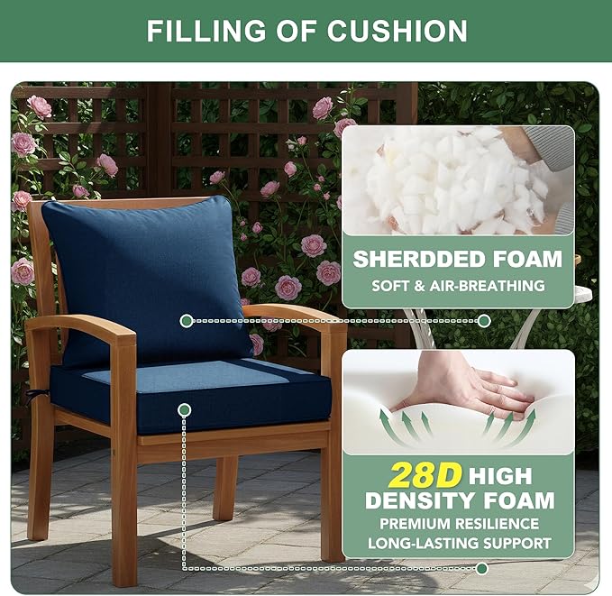Summsun Outdoor Chair Cushions, Faux Linen Backrest and Deep Seat Cushion Set for Patio Furniture with Weather Resistant Removable Cover, Ties, Non-Slip Bottom, 24 x 24 Inch, Navy, Set of 2