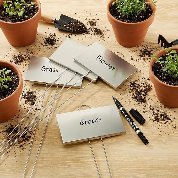 Landhoow 12 Pcs Large Garden Plant Markers Metal Plant Labels Sign 5'' x 3'' with 21'' Stake Weatherproof Waterproof Garden Sign for Outdoor Seedlings Herbs Vegetable Greenhouse, Silver