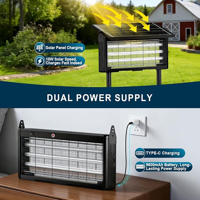 18W Solar Bug Zapper Outdoor | 9600mAh, 365–395nm UV, Dusk-Dawn Sensor, IPX5 Waterproof, 20ft Cord, Indoor & Outdoor for Home, Patio, Garden, Deck, Camping