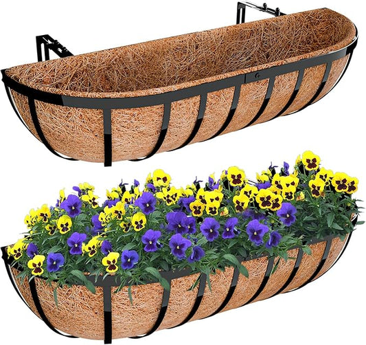 Halatool 24 Inch Railing Planter Box, 2 Pack Window Boxes Planters, Balcony Flower Boxes with Coco Liner & Adjustable Brackets, Trough Planter Box for Outdoor Fence, Deck, Porch & Garden