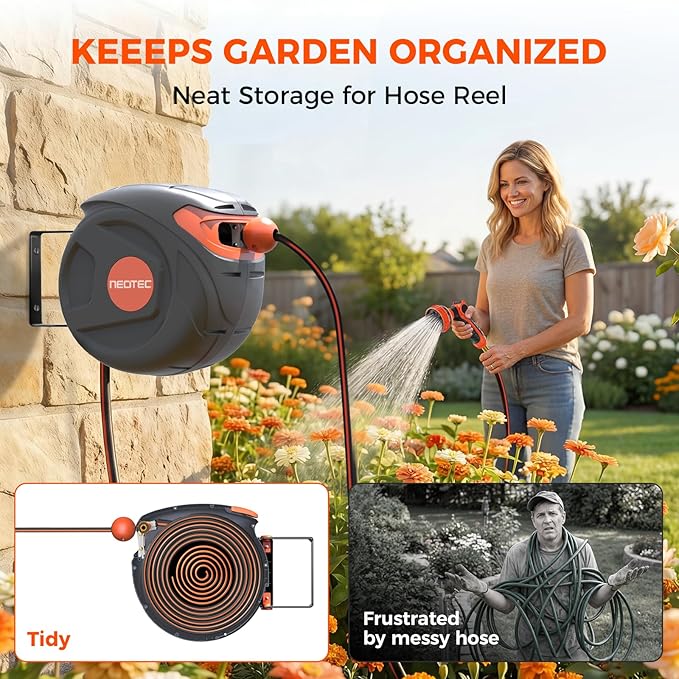 New Retractable Garden Hose Reel 1/2 inch x 33 ft 9 Pattern Nozzle Wall-Mounted Any Length Lock Automatic Slow Return 180° Swivel UV Resistant Heavy Duty Hose Reels for Outside