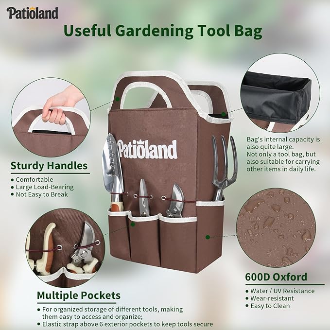 10-Piece Garden Tool Set, Brown Gardening Hand Tools Kit with Ergonomic Non-Slip Handles, Heavy Duty Rust-Proof Aluminum Tools, Organizer Tote Bag & Gloves, Ideal Gardening Gifts for Women and Men