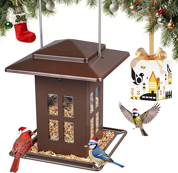 iBorn Bird Feeder for Outdoor Hanging,Metal Bird Feeder Hanging Outside for Cardinal, Double-Sided Hanger Wild Birdfeeder All Metal Constructions, Holds 2.6LB Seed, Bronze,8 Ports