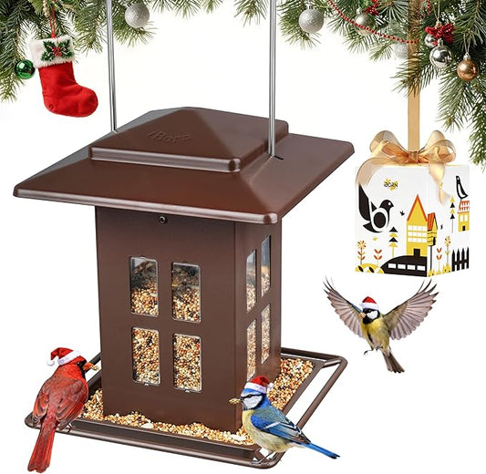 iBorn Bird Feeder for Outdoor Hanging,Metal Bird Feeder Hanging Outside for Cardinal, Double-Sided Hanger Wild Birdfeeder All Metal Constructions, Holds 2.6LB Seed, Bronze,8 Ports