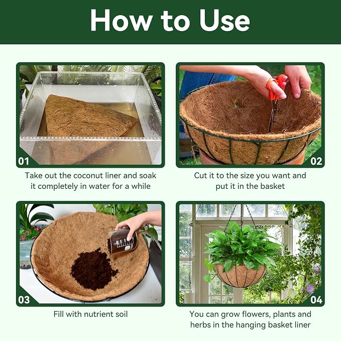 ZeeDix 4 Pack 10 Inch Coconut Liners for Planters, Round Hanging Basket Liners Natural Coco Coir Replacement Liner for Flowers Vegetables Patio Porch Garden Decor