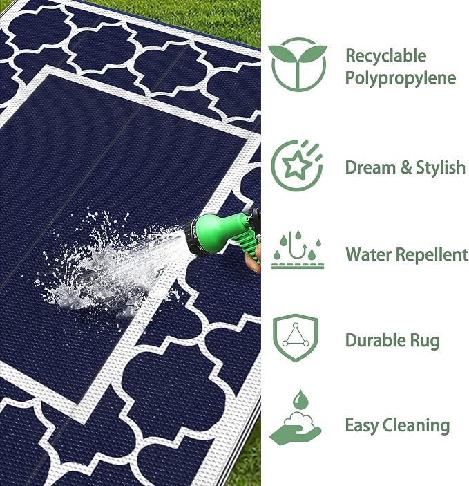 GENIMO 3' x 5' Outdoor Rug Waterproof for Patio Decor, Foldable Reversible Plastic Straw Area Rugs Mat for Camper, Outside Carpet for Rv, Deck, Porch, Picnic, Beach, Balcony, Blue & White