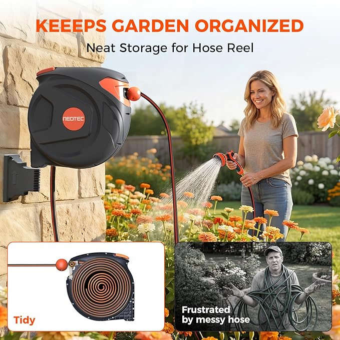 New Retractable Garden Hose Reel 5/8 inch x 65 ft 9 Pattern Nozzle Wall-Mounted Any Length Lock Automatic Slow Return 180° Swivel UV Resistant Heavy Duty Hose Reels for Outside