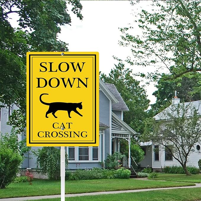 Cat Crossing Sign With Stake Slow Down Sign For Neighborhoods Caution Drive Slowly Watch for Cat Safety Sign for Street Rustproof Reflective Aluminum Animal Signs for Driveway 8x12 IN