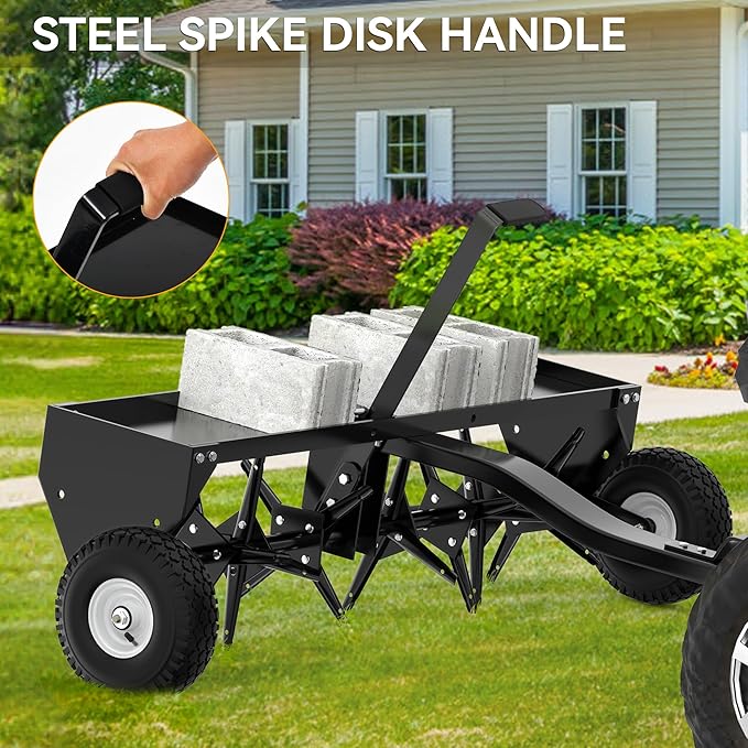 YINTATECH 48" Lawn Aerator Tow Behind, Pull Behind Plug Aerator for Lawn Tractor with Universal Hitch, 32 Galvanized Steel Tines, Tray & Inflatable Wheels, Black