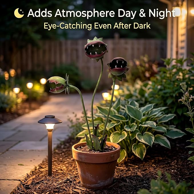 Funny Metal Carnivorous Plant Garden Stake, 25" Large Venus Flytrap Sculpture, Whimsical Outdoor Yard Art for Lawn Patio Planters, Unique Weather-Resistant Garden Decor Gift (64cm（25in）)