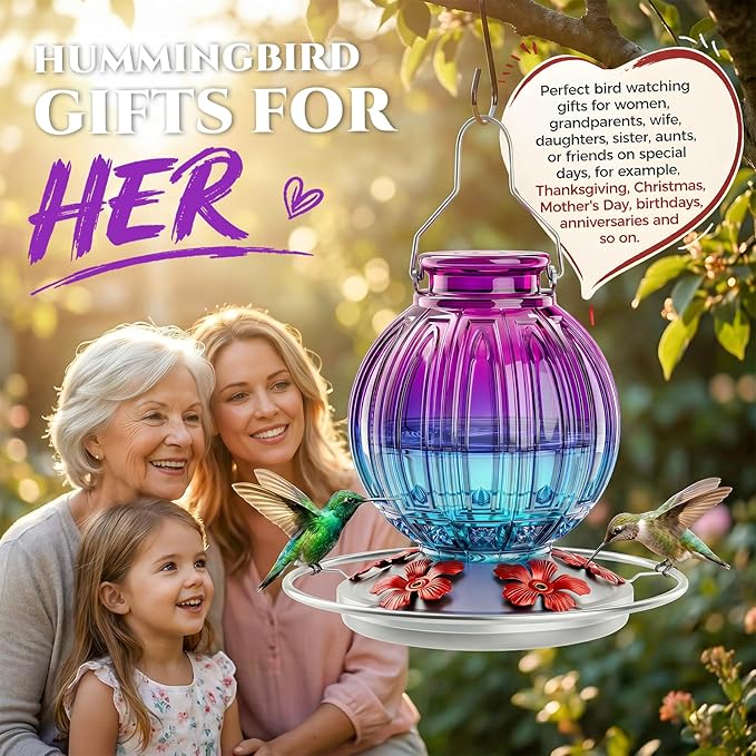 Glass Hummingbird Feeder for Outdoors Hanging, 26Oz Bird Nectar Feeder with Perch & 5 Flower Feeding Ports, Leak Proof for Outside Garden Decor Backyard, Gifts for Women Mom, Purple & Blue