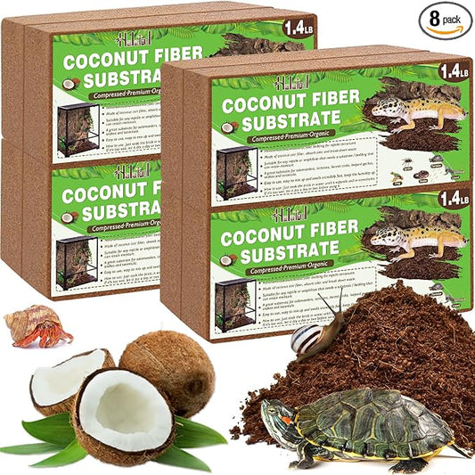 Halatool 8 Pack Compressed Coconut Fiber Substrate for Reptile, 100% Organic Premium Coconut Husk Substrate Terrarium Bedding for Tortoises Beard Dragon Leopard Gecko Snake Tarantula Worm Bins