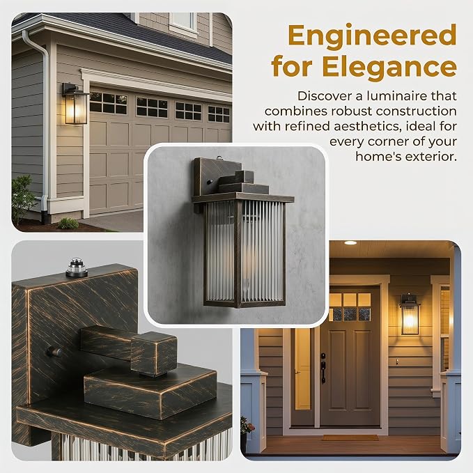 Set of 2 13-Inch Black Brush Gold Outdoor Wall Lights, Dusk to Dawn Exterior Light Fixture, IP65 Waterproof Rust-Resistant Metal & Textured Glass Wall Mount Sconce for Porch Garage Entryway