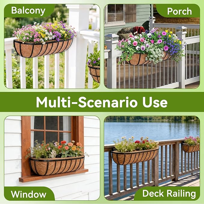 Halatool 24 Inch Railing Planter Box, 2 Pack Window Boxes Planters, Balcony Flower Boxes with Coco Liner & Adjustable Brackets, Trough Planter Box for Outdoor Fence, Deck, Porch & Garden