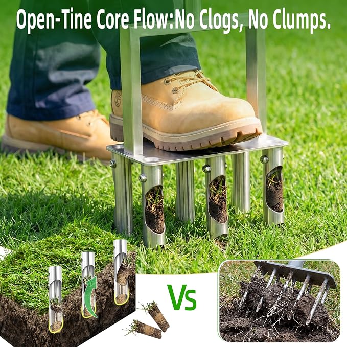 Manual Core Aerator Lawn Tool: Easily Assemble Lawn Aerator with 6 Removable Hollow Tine, Stainless Steel Grass Aerator for Lawn, 39" Yard Plug Aerator to Revive Compacted Soil Health