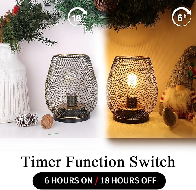 Set of 2 Battery Operated Lamp LED Table Lantern, Golden Metal Cage Cordless Lamps with LED Bulb，Vintage Decorative Outdoor Lantern for Weddings, Parties, Patio, Events for Indoor Shelf Decor
