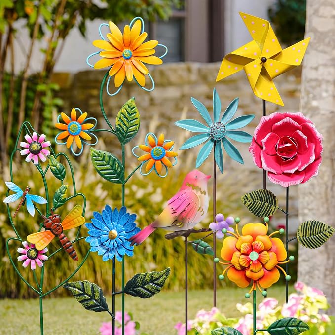 8 Pcs Metal Flower Garden Stake for Outside Outdoor 14" 5D Summer Wildflowers Metal Sign Waterproof Decoration Bird Dragonfly Windmill Landscape Ornament for Lawn Yard Garden Patio Porch Art
