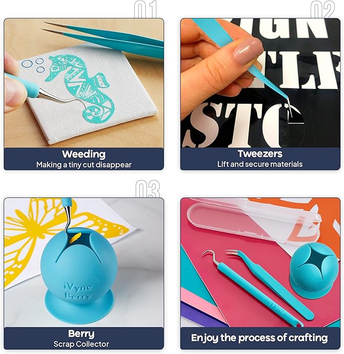 iVyne Berry and Silicone Weeding Tools - Suction Vinyl Weeder, Craft Tweezer, Scrap Collector Holder, Storage for Cricut, Silhouette Accessories - Blue