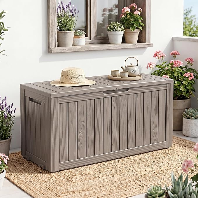 EasyUp 75 Gallon Outdoor Storage Box, Waterproof Space-Saving Resin Deck Box with Wheels for Patio Furniture, Outdoor Cushions, Garden Tools and Pool Floats (Grey, 75 Gallon)
