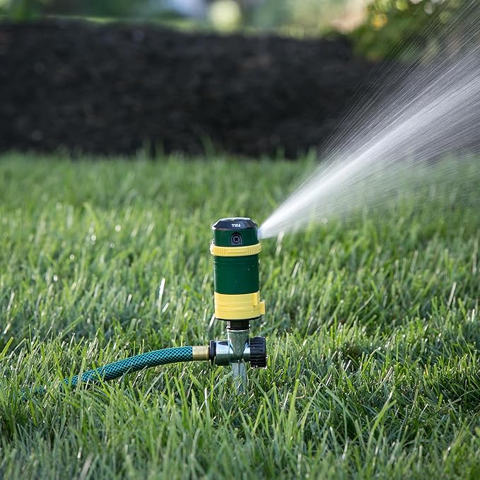 Melnor 65189AMZ Turbo Rotary Sprinkler on Step Spike, 4 Spray Patterns, Covers Up to 68 Ft. Diameter, QuickConnect Set, Green/Yellow