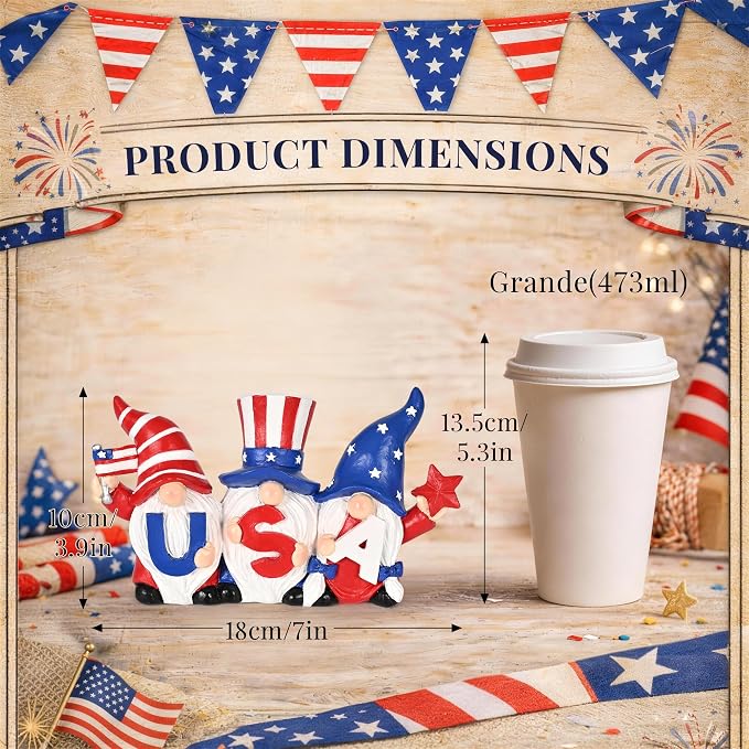 TISEJOY 4th of July Decorations Outdoor Gnomes for Memorial Day Decorations 4“, Garden Gnomes Statues, Patriotic Decorations for Home Decor, Stars and Stripes Gnomes Figurines for Living Room Garden