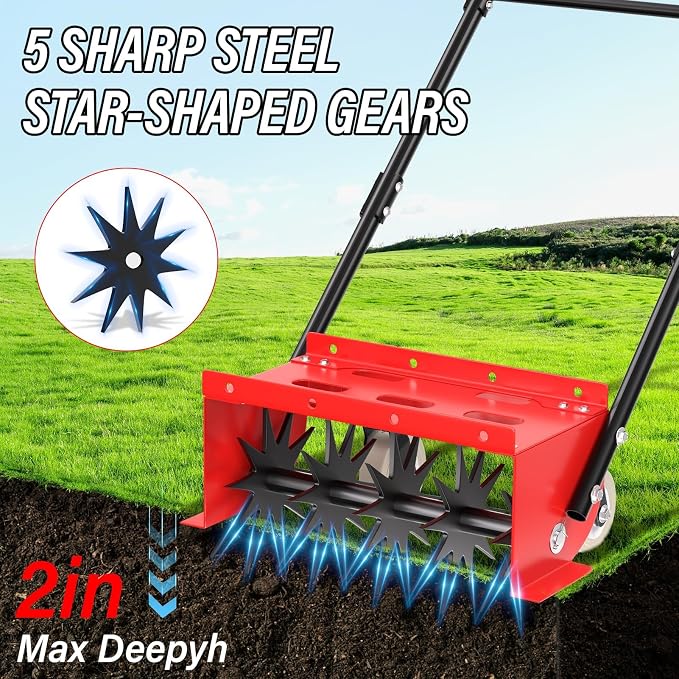 VASALAID Rolling Lawn Aerator, Heavy Duty Manual Push Lawn Aerator Tool with Adjustable Wheels,Rotary Spike Aerator for Lawn Aeration