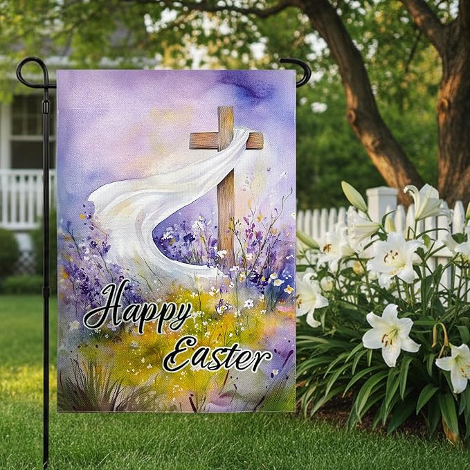 Easter Garden Flag 12x18 Inch Double Sided, Christian Cross Religious Happy Easter Decor, Burlap Small Spring Yard Banner for Outside Seasonal Holiday Decoration