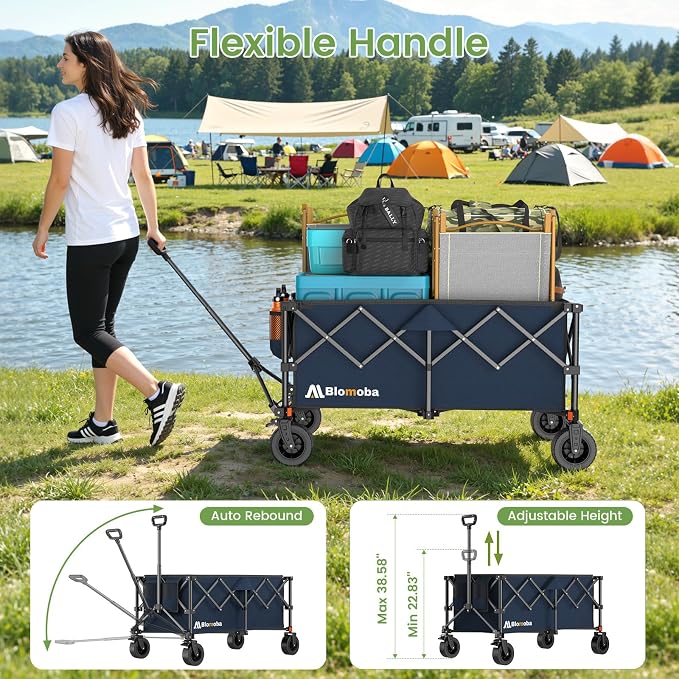 Collapsible Wagon Cart, 330LBS Heavy Duty Folding Cart with Wheels 360° Rotation, Built-in Brakes, Flexible Handle, Portable Utility Wagon for Grocery Sports Garden Shopping Camping, Blue