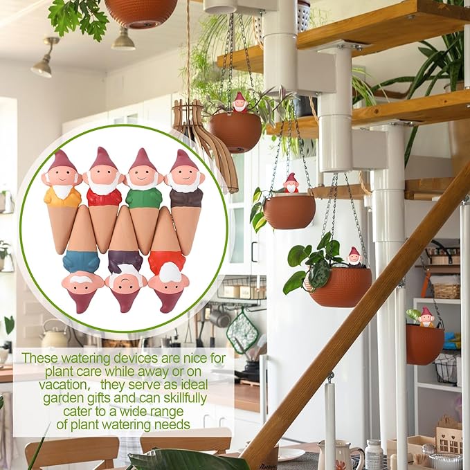 Teenyyou 7 Pcs Terracotta Self Watering Spikes Gnomes Auto Water Planter Insert Small Watering Globes Slow Vacation Garden Waterer Cute Devices for Indoor Outdoor House Plant Accessories