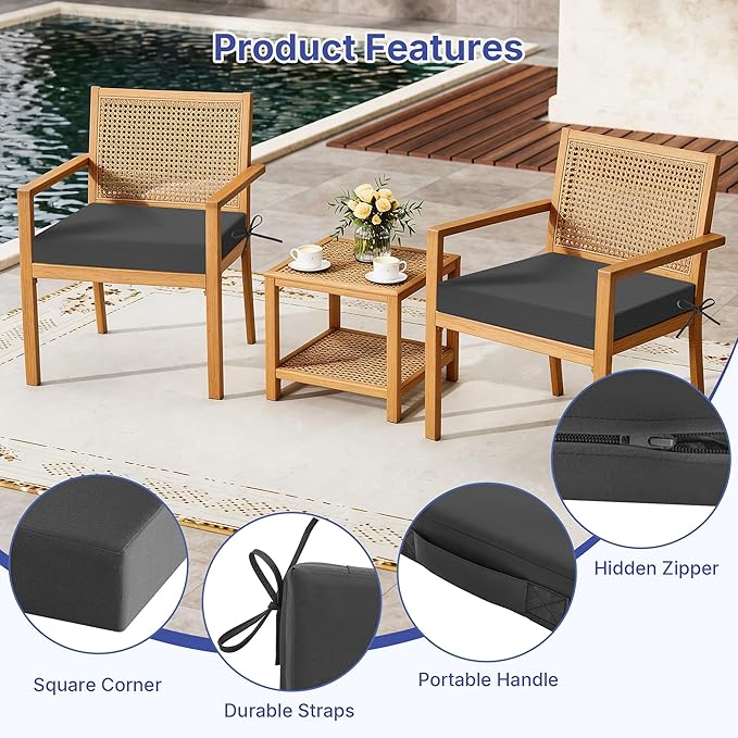 Outdoor Chair Cushions Set of 4 for Outdoor Patio Furniture, Waterproof Patio Seat Cushions with Handle & Ties, 3 Year Color Fastness Square Garden Sofa Couch Pads, 19" x 19" x 3", Dark Grey