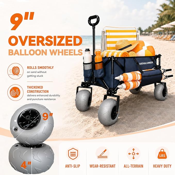 X800 Heavy Duty Beach Wagon with 9x4 Balloon Wheels – 200L Foldable Wagon Cart, 41" Collapsible Utility Wagon with Side Bag for Beach Essentials, Sports, Camping & Outdoor (Navy Blue)