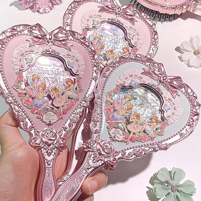 Flower Knows Midsummer Fairytales Hand Mirror,Vintage Heart Handheld Mirror,Fancy & Pretty Princess Handheld Mirror with Long Handle,Gift for Girls & Women(White Vanilla)