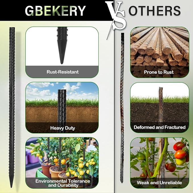 Gbekery 24 Inches Rebar Stakes(16pcs) Heavy Duty Straight Metal Ground Anchors with Chisel Point Ends for Timber,Concrete,Plant Support,Camping Tents,1/2 Inch Thickness Garden Stakes,Black