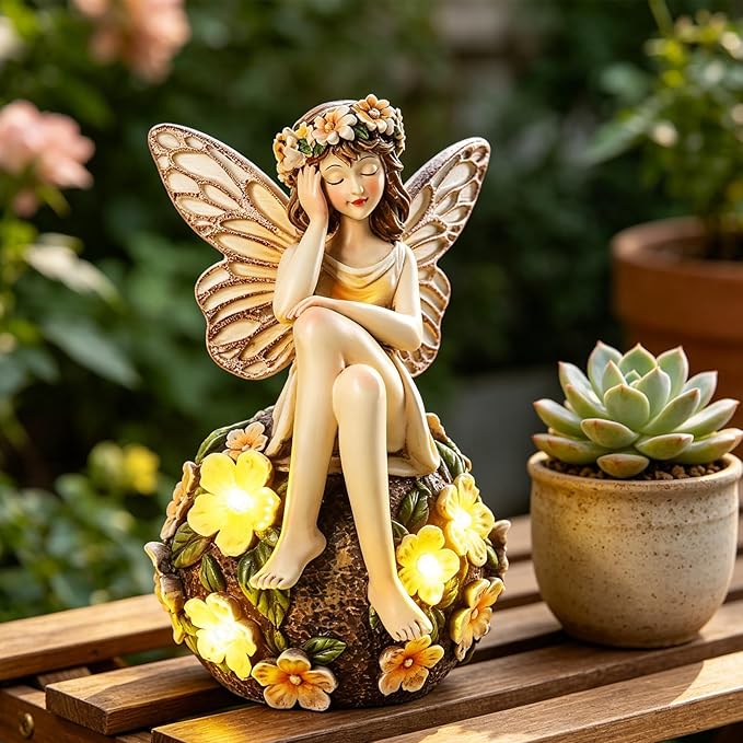 Solar Fairy Statue Sitting on the Flower Ball Light 6.8" Angel Statues for Garden Yard Patio Porch Lawn Decor Resin Fairy Figurine Outdoor Waterproof Angel Gifts for Women Mom Sister