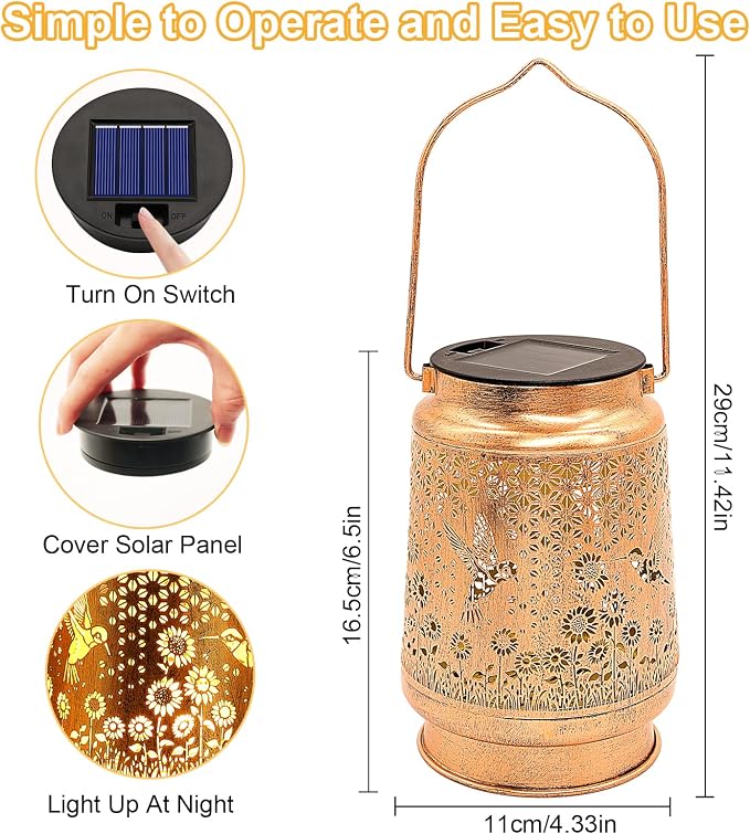 2 Pack Hummingbird Solar Lanterns Outdoor Garden Decor, Birthday Gifts for Women Mom, Hanging Metal Solar Lights Waterproof LED Decoration with Shepherd Hook Outside for Yard Patio Lawn Porch