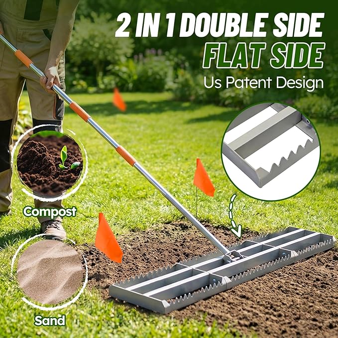 Lawn Leveling Rake, 2-in-1 Double-Sided Landscape Leveler with 20 Marking Flags for Low Spot, 48"×10” Heavy Duty Stainless Steel Flat & Serrated Side for Soil Sand Gravel, Yard Garden Golf Course