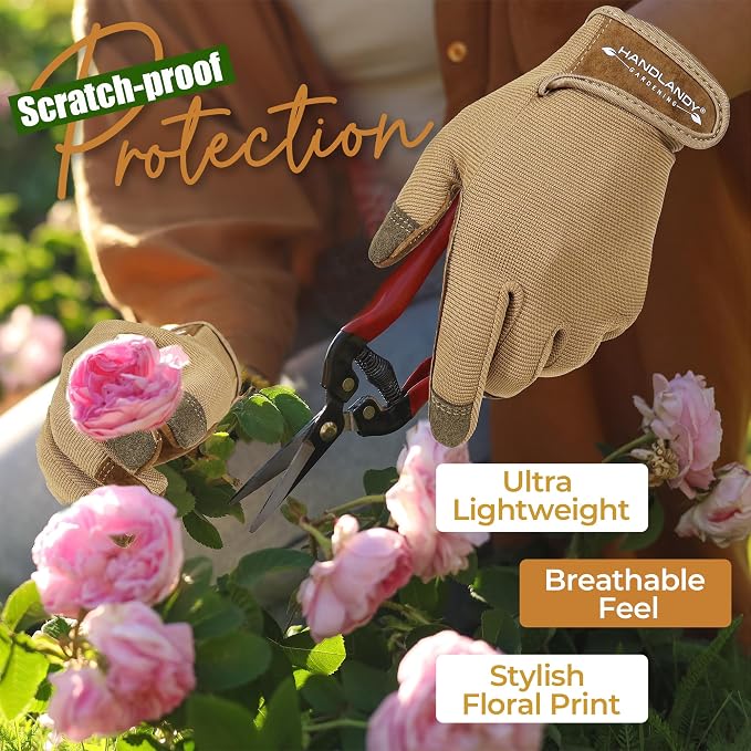 HANDLANDY Gardening Gloves for Women, Breathable Ladies Leather Garden Yard Gloves Best Gift for Gardeners