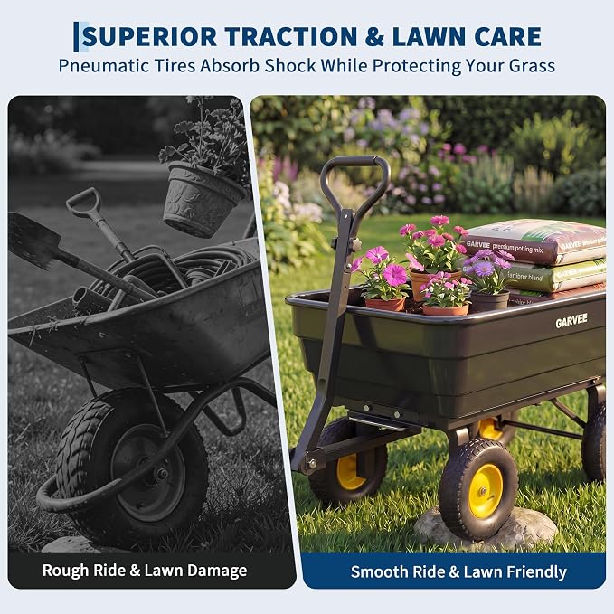 Garvee Poly Garden Dump Cart, Heavy Duty 1200lbs Wheelbarrow Yard Cart Dump Wagon with 13" All Terrain Wheels, Garden Utility Wagon with Quick Release System& Convertible Handle Attach to ATV (Black)