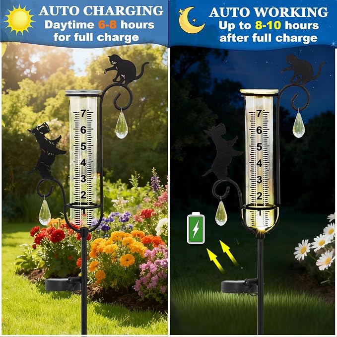 33" Solar Garden Rain Gauge - 7" Glass Tube for Outdoor Indoor Use, Patio Yard Decor Statue,Metal Dog & Cat Rain Gauge.