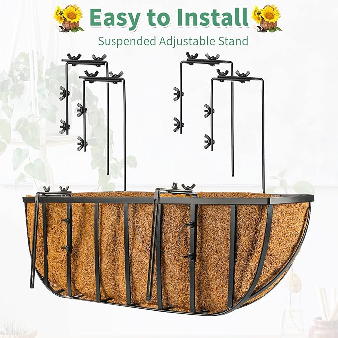 Tessco for you 3 Pieces Railing Planter Boxes, 24 Inches Window Box Planters with Coco Liner and Adjustable Brackets for Deck Porch Fence Patio Balcony Gardening Outdoor Plants