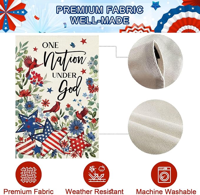 Baccessor 4th of July Cardinal House Flag 28 x 40 Inch Double Sided Burlap,the One Nation Under God Patriotic Memorial Day American Summer Yard Holiday Seasonal Outdoor Outside Decoration