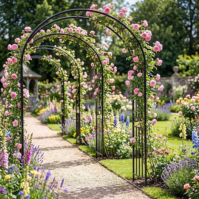 LDAILY Moccha Garden Arch Arbor Trellis, 7.2Ft Outdoor Steel Arbor with Stakes, Metal Archway for Climbing Plants, Wide Sturdy Garden Arch for Lawn, Party, Ceremony Wedding Decoration, Black(2)