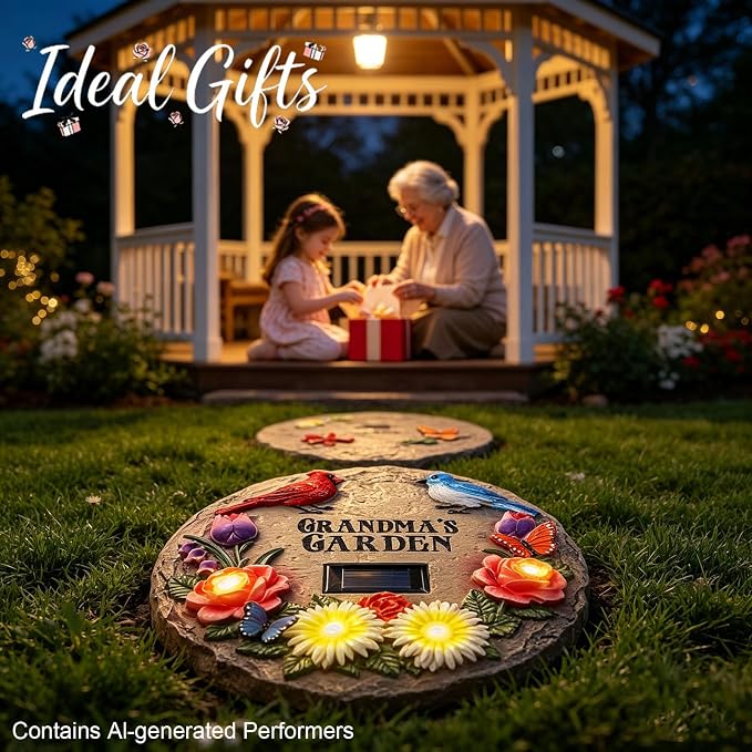 Stepping Stones Outdoor for Grandma's Garden with Solar Lights and Cardinal Robin Birds Flowers, Garden Stepping Stones Grandma Gifts for Mothers Day for Walkway, Yard, Patio Decor