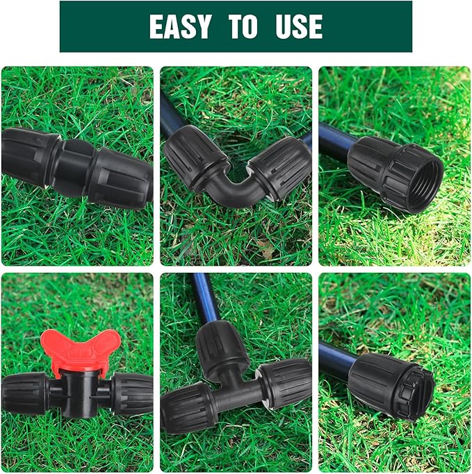 Pushglossy 32 Pcs 1/2 Tubing Irrigation Fittings Kit 1/2 ID x 0.6-0.63 OD 16 mm Drip Irrigation Barbed Connectors 4 Switch Valves, 8 Tees, 8 Couplings, 4 Elbows, 4 Ends, 4 Adapters (Green, Black)