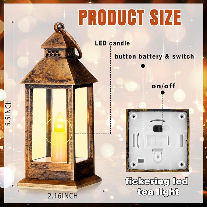 Hoolerry 24 Set 5.5'' Mini Lanterns with LED Candle for Wedding Centerpiece Vintage Decorative Hanging Small Lantern Battery Powered for Halloween Wedding Table Centerpiece(Retro)
