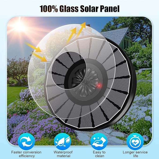 Solar Fountain Work On Cloudy Day,Solar Water Bird Bath Fountain with Faster Conversion Glass Solar Panel and Power Indicator,Built-in 2000mAh Battery,Outdoor Garden Decor(Black Panel)