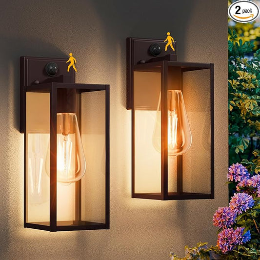 15'' Oil Rubbed Bronze Motion Sensor Outdoor Front Porch Light Fixtures Wall Mount, 2 Pack Waterproof Exterior Wall Sconce, Large Lantern Lamp,Outside Coach Light for House,Garage,Yard
