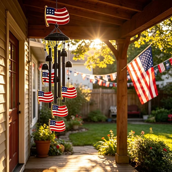 American Flag Patriotic Wind Chime, Red White Blue Aluminum Tube Wind Chimes Waterproof Hanging Ornament for Front Porch Garden Yard, 4th of July Independence Day Memorial Day Veterans Day Gift