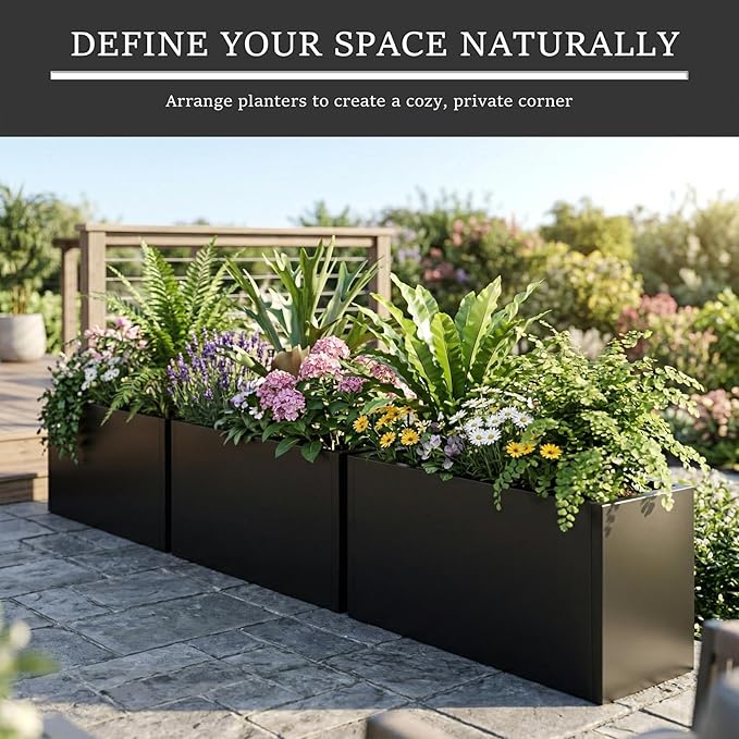 Rustproof Metal Planter Box 32 Inch Outdoor, Galvanized Steel Raised Garden Bed with Drainage Holes, Large Deep Rectangular Planter for Patio Balcony Porch Backyard